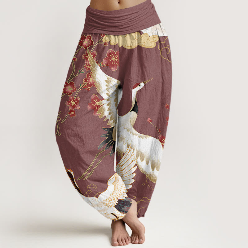 Pantalon harem à taille élastique pour femme, motif Buddha Stones, grues en coton, fleurs et nuages ​​de bon augure - LightCoral - US22，UK/AU26，EU54 (6XL) - image 7