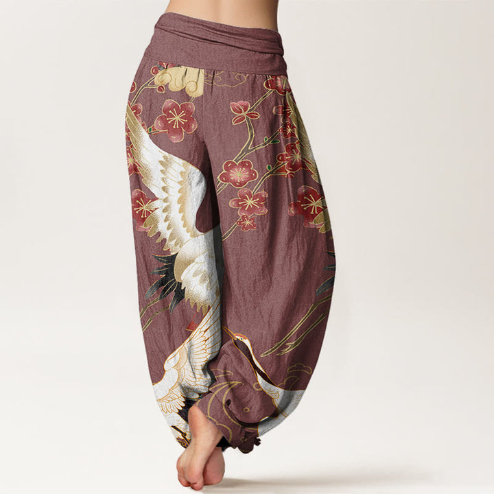 Pantalon harem à taille élastique pour femme, motif Buddha Stones, grues en coton, fleurs et nuages ​​de bon augure - image 9