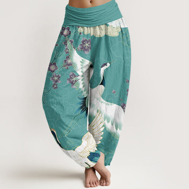 Pantalon harem à taille élastique pour femme, motif Buddha Stones, grues en coton, fleurs et nuages ​​de bon augure - Turquoise - US22，UK/AU26，EU54 (6XL) - image 4