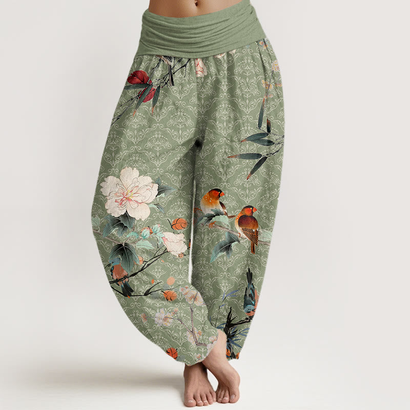 Pantalon harem à taille élastique pour femme, orné de Buddha Stones , d'une fauvette des champs et de branches fleuries, motif mandala - Vert clair - US22，UK/AU26，EU54 (6XL) - image 0