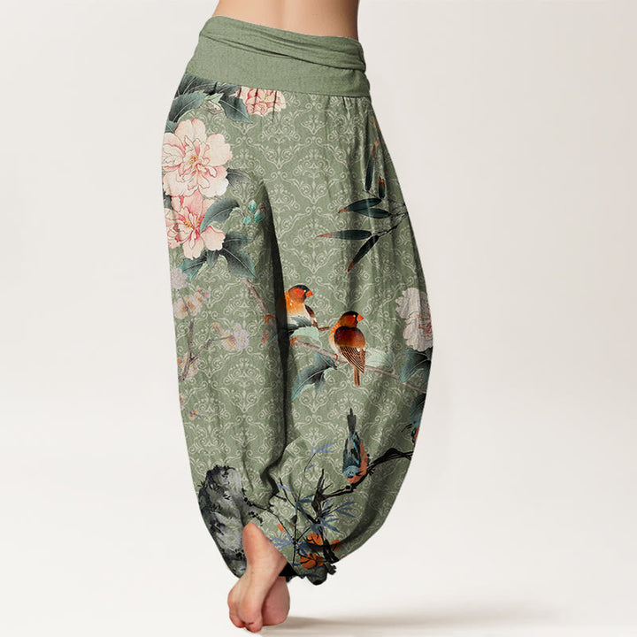 Pantalon harem à taille élastique pour femme, orné de Buddha Stones , d'une fauvette des champs et de branches fleuries, motif mandala - image 2