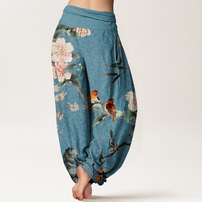 Pantalon harem à taille élastique pour femme, orné de Buddha Stones , d'une fauvette des champs et de branches fleuries, motif mandala - image 6