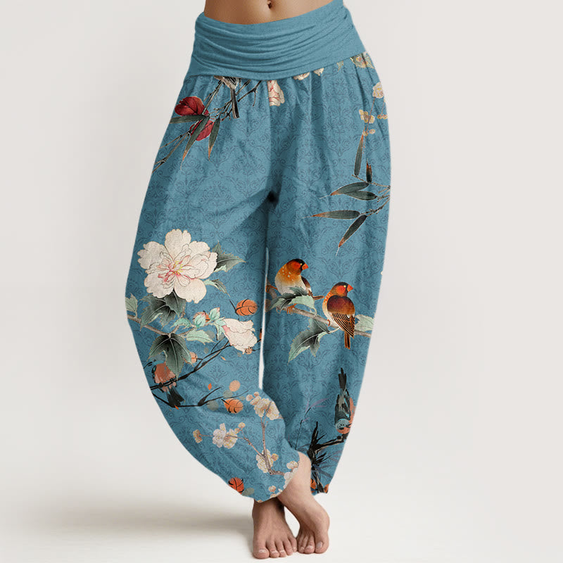Pantalon harem à taille élastique pour femme, orné de Buddha Stones , d'une fauvette des champs et de branches fleuries, motif mandala - Turquoise foncé - US22，UK/AU26，EU54 (6XL) - image 4