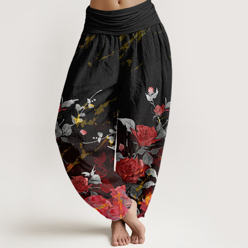 Pantalon harem à taille élastique pour femme, en coton à motif de roses épanouies et Buddha Stones - Noir - US22，UK/AU26，EU54 (6XL) - image 0