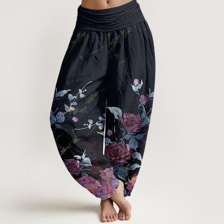 Pantalon harem à taille élastique pour femme, en coton à motif de roses épanouies et Buddha Stones - Gris ardoise foncé - US22，UK/AU26，EU54 (6XL) - image 4