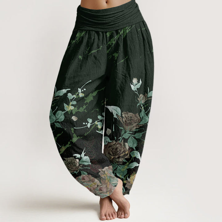 Pantalon harem à taille élastique pour femme, en coton à motif de roses épanouies et Buddha Stones - Vert foncé - US22，UK/AU26，EU54 (6XL) - image 7