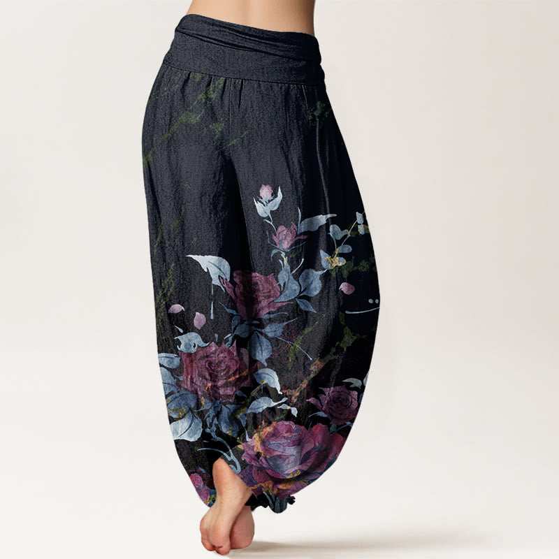 Pantalon harem à taille élastique pour femme, en coton à motif de roses épanouies et Buddha Stones - image 6