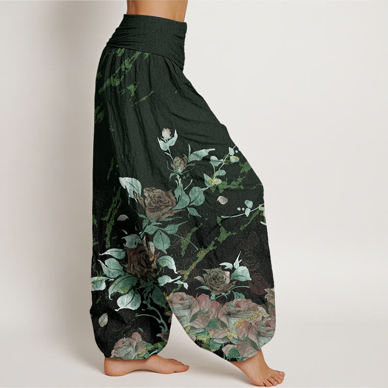 Pantalon harem à taille élastique pour femme, en coton à motif de roses épanouies et Buddha Stones - image 8