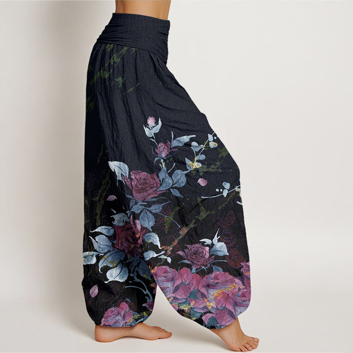 Pantalon harem à taille élastique pour femme, en coton à motif de roses épanouies et Buddha Stones - image 5