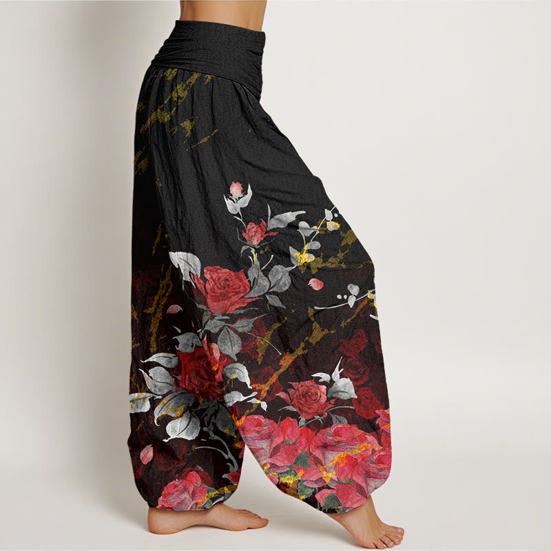Pantalon harem à taille élastique pour femme, en coton à motif de roses épanouies et Buddha Stones - image 1