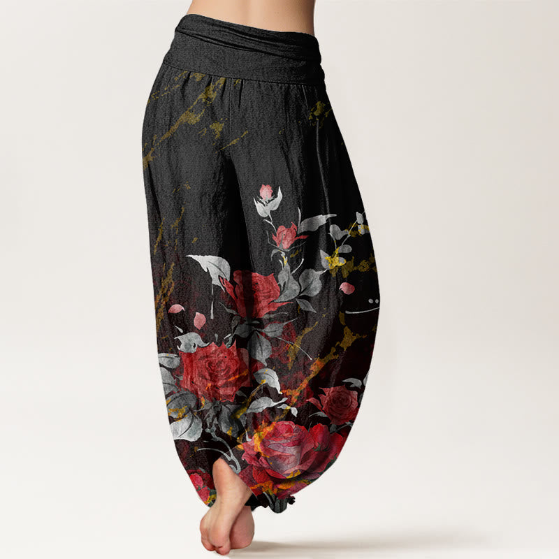 Pantalon harem à taille élastique pour femme, en coton à motif de roses épanouies et Buddha Stones - image 2