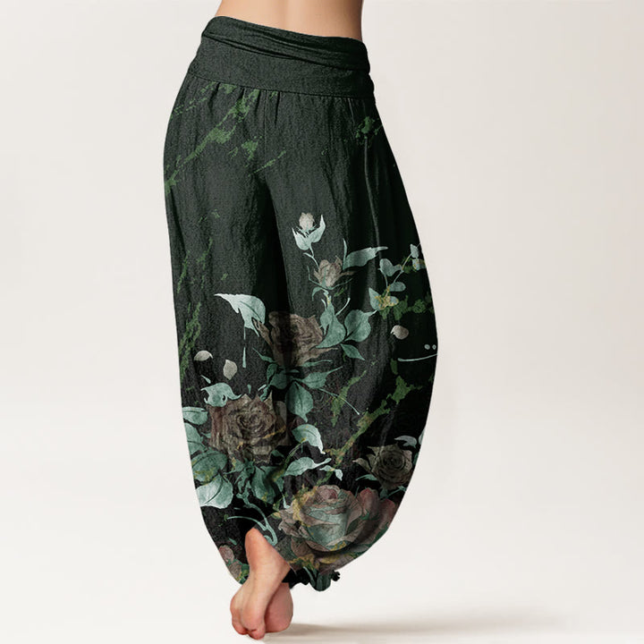 Pantalon harem à taille élastique pour femme, en coton à motif de roses épanouies et Buddha Stones - image 9
