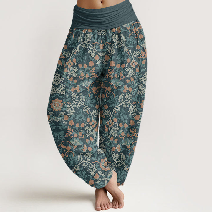 Pantalon harem à taille élastique pour femme, en coton décontracté, motif fleurs, vigne et feuilles, avec Buddha Stones - CadetBlue - US22，UK/AU26，EU54 (6XL) - image 0