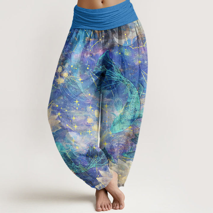 Pantalon sarouel à taille élastique pour femme avec motif de Buddha Stones, poisson koï, lotus, lune, étoiles - BleuetBleu - US22，UK/AU26，EU54 (6XL) - image 1