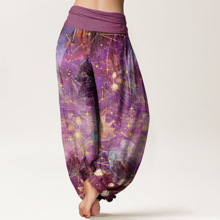 Pantalon sarouel à taille élastique pour femme avec motif de Buddha Stones, poisson koï, lotus, lune, étoiles - image 7