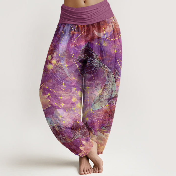 Pantalon sarouel à taille élastique pour femme avec motif de Buddha Stones, poisson koï, lotus, lune, étoiles - Orchidée - US22，UK/AU26，EU54 (6XL) - image 5