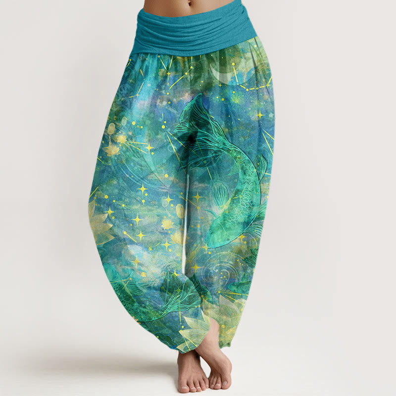 Pantalon harem à taille élastique pour femme, en coton, motif Buddha Stones, carpes koï, lotus, lune et étoiles - Turquoise foncé - US22，UK/AU26，EU54 (6XL) - image 7