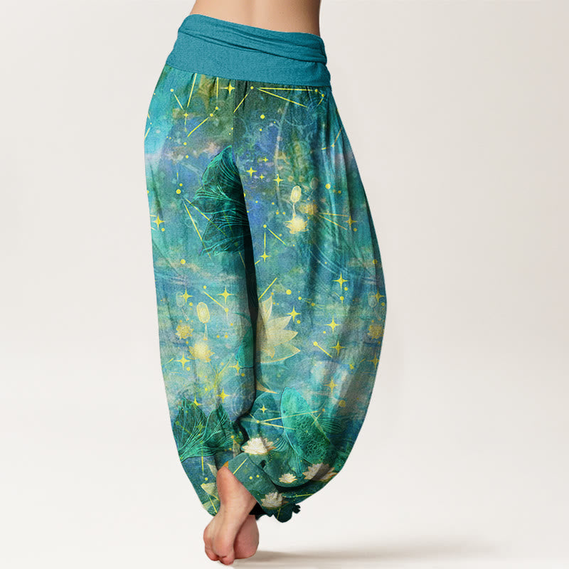 Pantalon sarouel à taille élastique pour femme avec motif de Buddha Stones, poisson koï, lotus, lune, étoiles - image 10