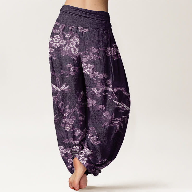 Pantalon harem à taille élastique pour femme, en coton blanc à motif de fleurs de sakura et Buddha Stones - image 6