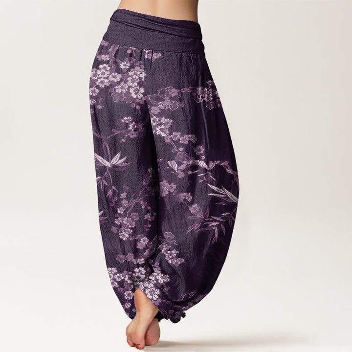 Pantalon harem à taille élastique pour femme, en coton blanc à motif de fleurs de sakura et Buddha Stones - image 6