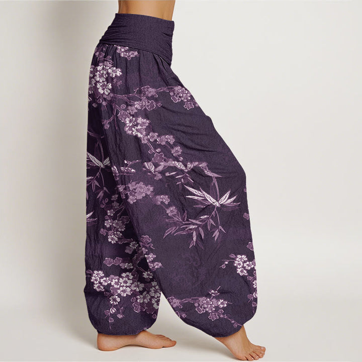 Pantalon harem à taille élastique pour femme, en coton blanc à motif de fleurs de sakura et Buddha Stones - image 5