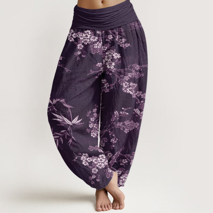 Pantalon harem à taille élastique pour femme, en coton blanc à motif de fleurs de sakura et Buddha Stones - Violet - US22，UK/AU26，EU54 (6XL) - image 4