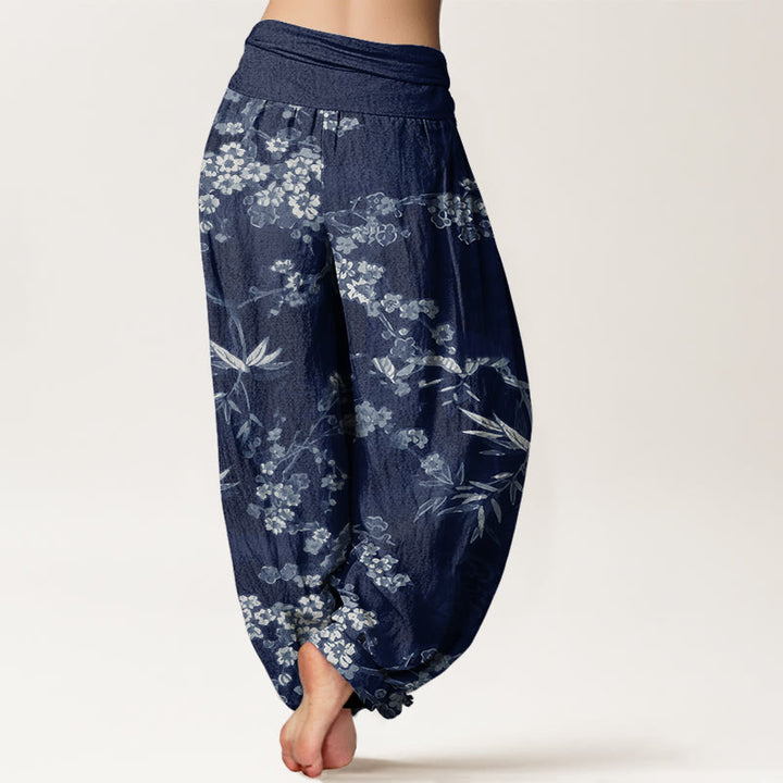 Pantalon harem à taille élastique pour femme, en coton blanc à motif de fleurs de sakura et Buddha Stones - image 2