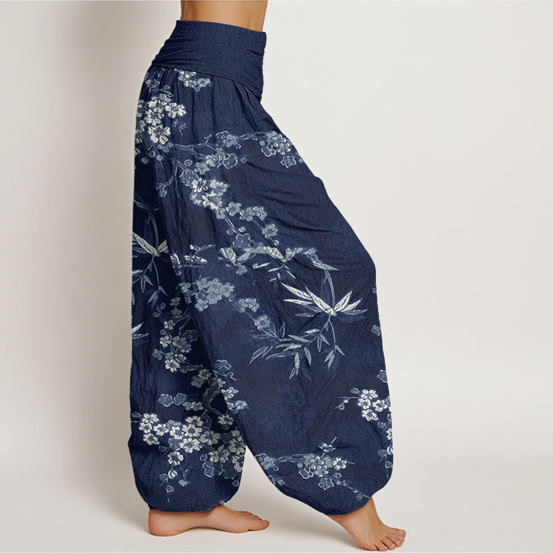 Pantalon harem à taille élastique pour femme, en coton blanc à motif de fleurs de sakura et Buddha Stones - image 1