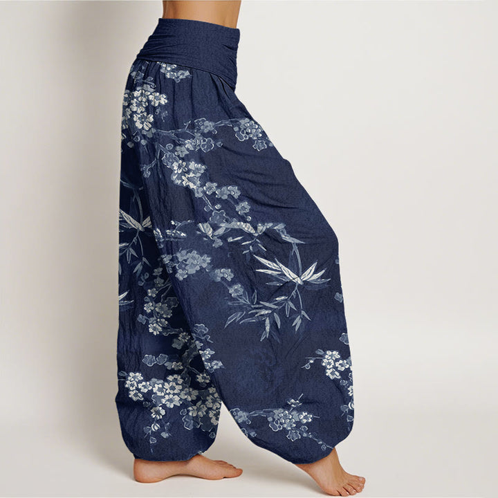 Pantalon sarouel à taille élastique pour femme avec motif de fleurs de cerisier blanches et Buddha Stones - image 2