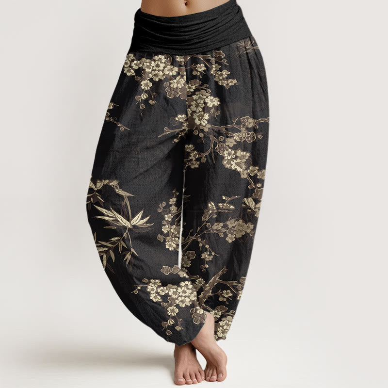 Pantalon sarouel à taille élastique pour femme avec motif de fleurs de cerisier blanches et Buddha Stones - Noir - US22，UK/AU26，EU54 (6XL) - image 7
