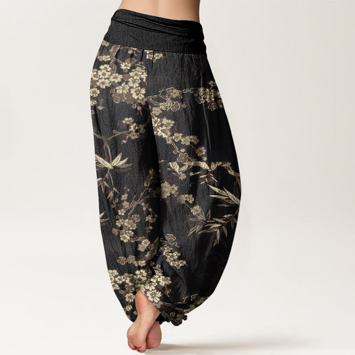 Pantalon harem à taille élastique pour femme, en coton blanc à motif de fleurs de sakura et Buddha Stones - image 9