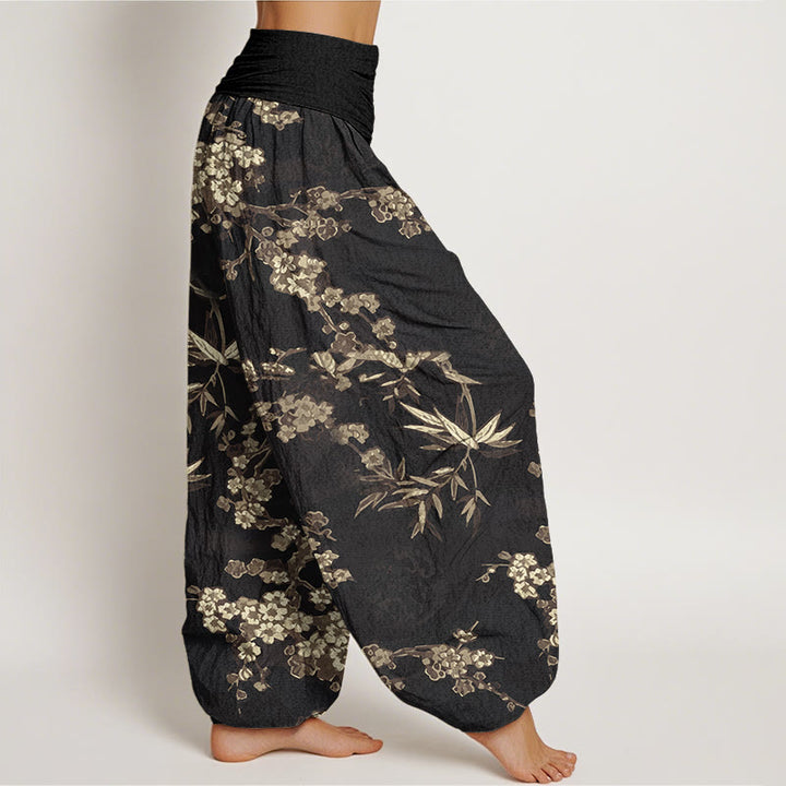 Pantalon harem à taille élastique pour femme, en coton blanc à motif de fleurs de sakura et Buddha Stones - image 8