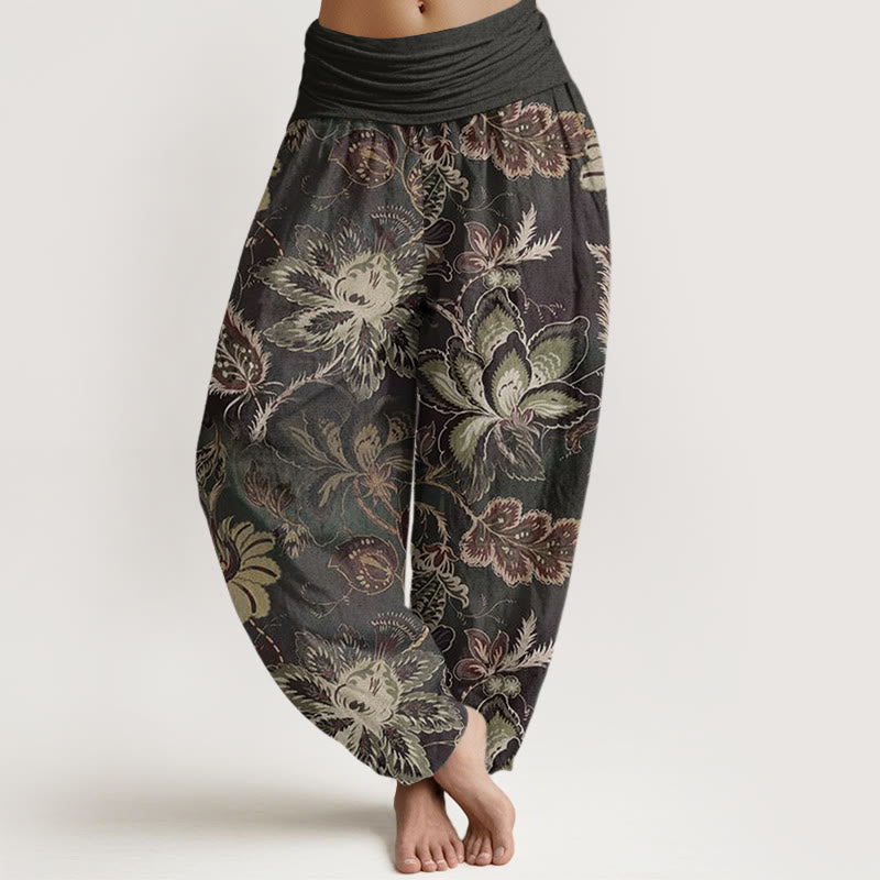 Pantalon harem décontracté en coton à motif floral et feuilles, taille élastique, pour femme, Buddha Stones - Gris terne - US22，UK/AU26，EU54 (6XL) - image 0