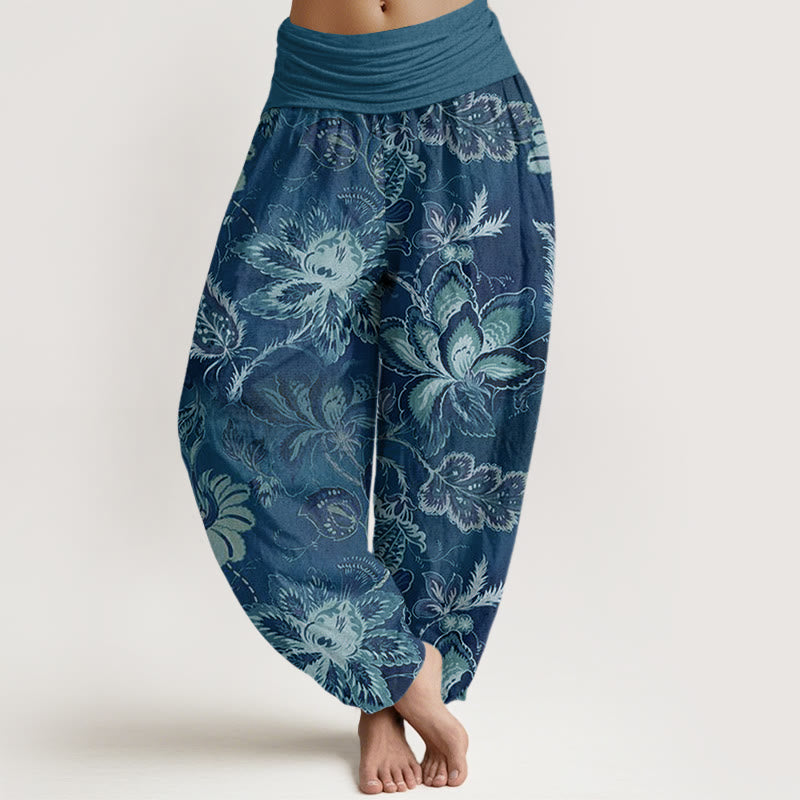 Pantalon sarouel décontracté à taille élastique pour femme avec motif floral et Buddha Stones - SteelBlue - US22，UK/AU26，EU54 (6XL) - image 4