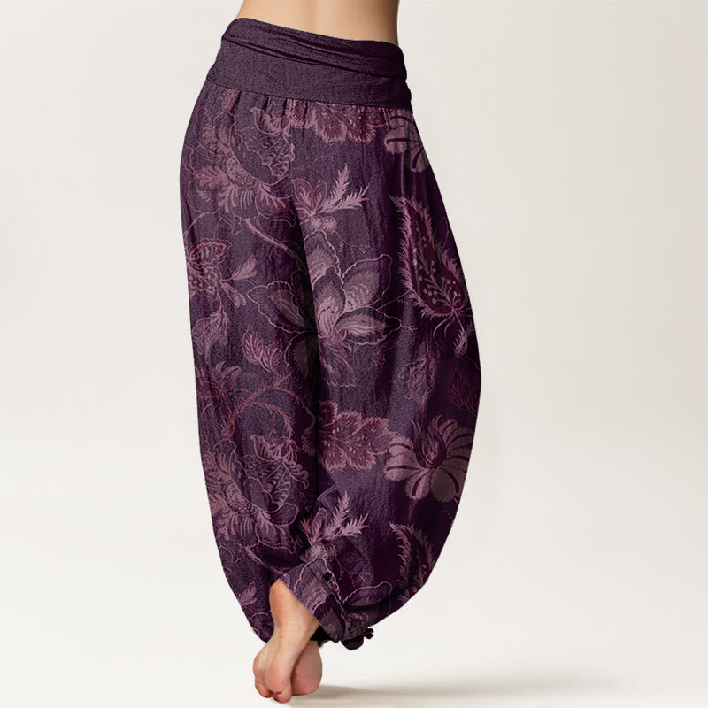 Pantalon harem décontracté en coton à motif floral et feuilles, taille élastique, pour femme, Buddha Stones - image 9