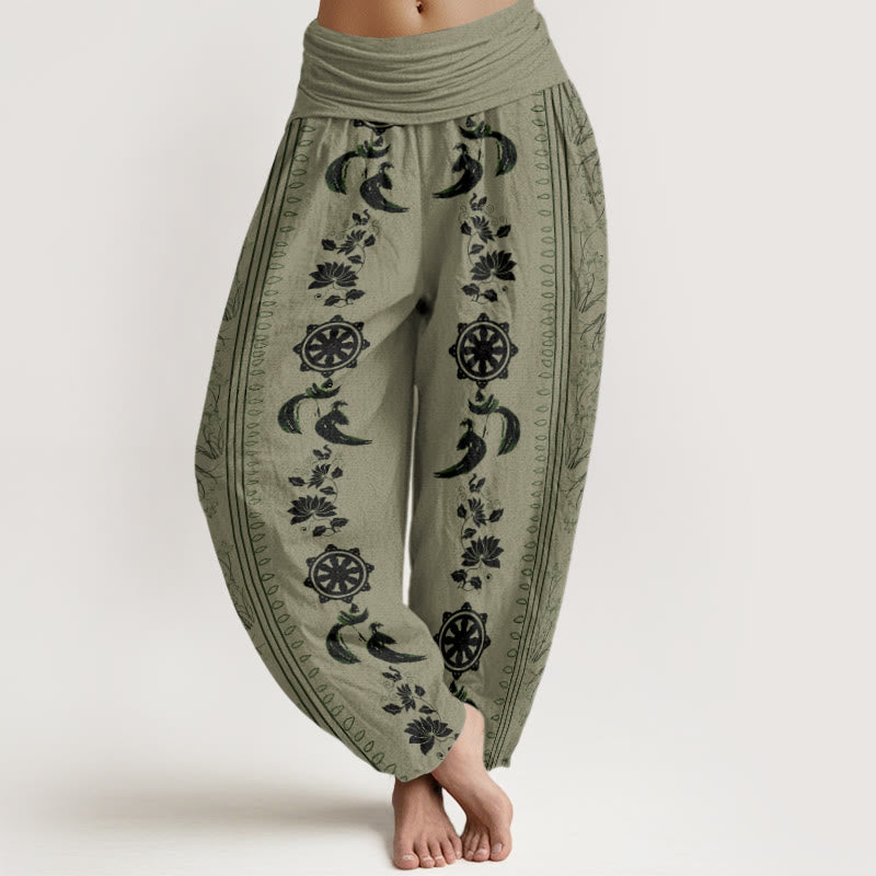 Pantalon harem à taille élastique pour femme, en coton, motif lotus et roue du Dharma, avec Buddha Stones et motif OM. - DarkKhaki - US22，UK/AU26，EU54 (6XL) - image 4