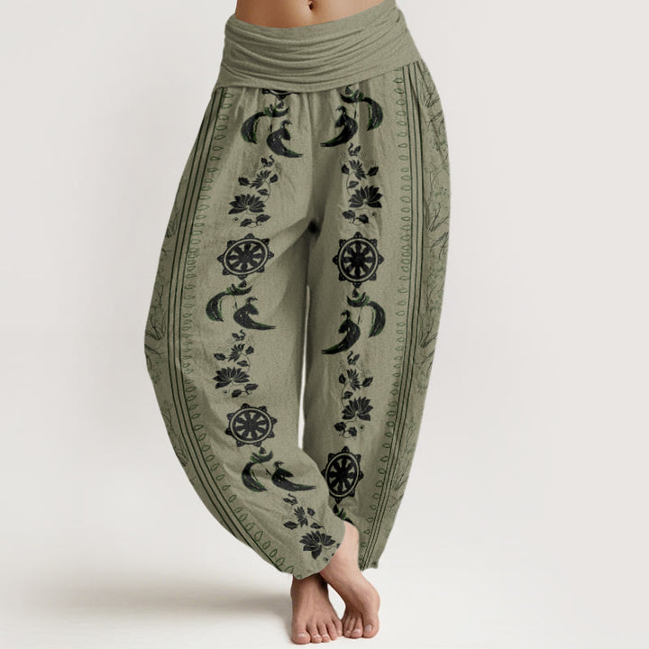 Pantalon harem à taille élastique pour femme, en coton, motif lotus et roue du Dharma, avec Buddha Stones et motif OM. - DarkKhaki - US22，UK/AU26，EU54 (6XL) - image 4