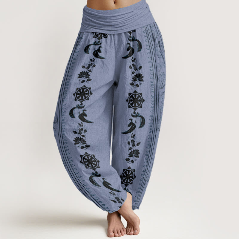 Pantalon harem à taille élastique pour femme, en coton, motif lotus et roue du Dharma, avec Buddha Stones et motif OM. - Bleuet - US22，UK/AU26，EU54 (6XL) - image 0