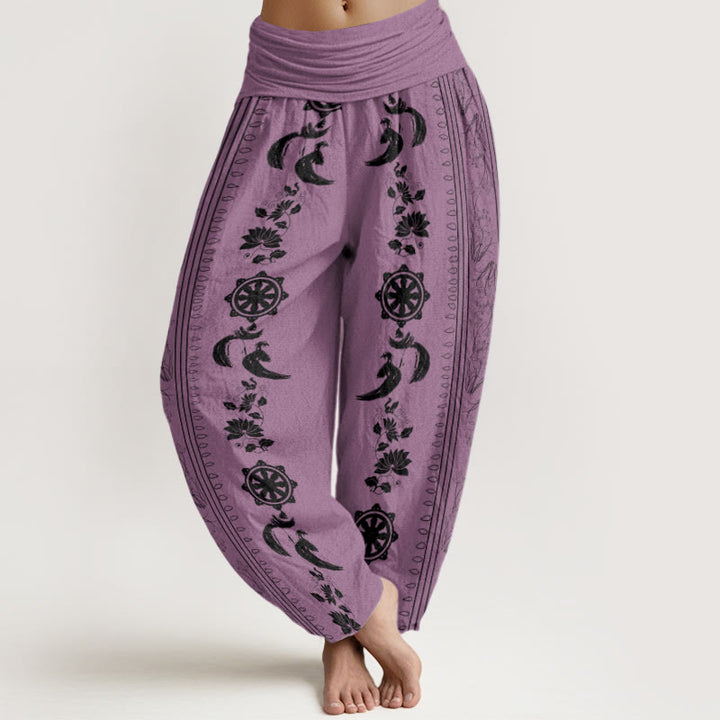 Pantalon harem à taille élastique pour femme, en coton, motif lotus et roue du Dharma, avec Buddha Stones et motif OM. - Prune - US22，UK/AU26，EU54 (6XL) - image 5