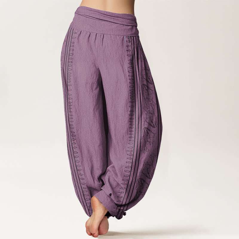 Pantalon harem à taille élastique pour femme, en coton, motif lotus et roue du Dharma, avec Buddha Stones et motif OM. - image 9