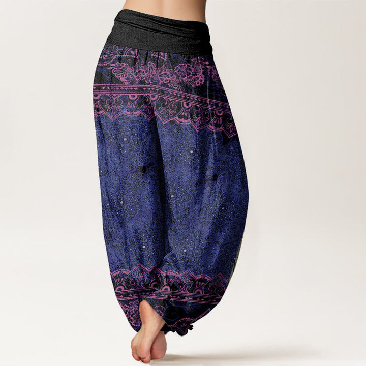 Pantalon sarouel à taille élastique pour femme avec motif de fleurs de mandala élégant et Buddha Stones