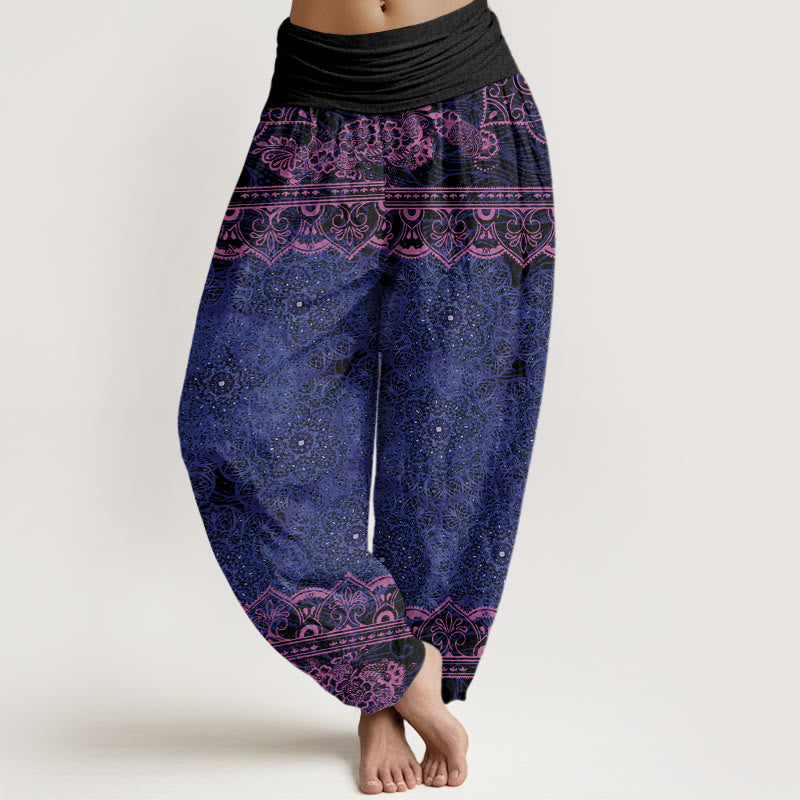Pantalon sarouel à taille élastique pour femme avec motif de fleurs de mandala élégant et Buddha Stones
