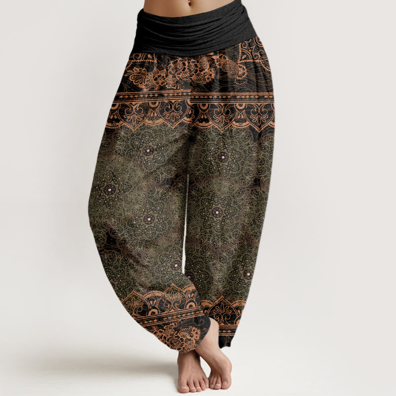 Pantalon harem à taille élastique pour femme, en coton, orné de Buddha Stones et de motifs élégants de mandala et de fleurs. - Vert olive - US22，UK/AU26，EU54 (6XL) - image 7