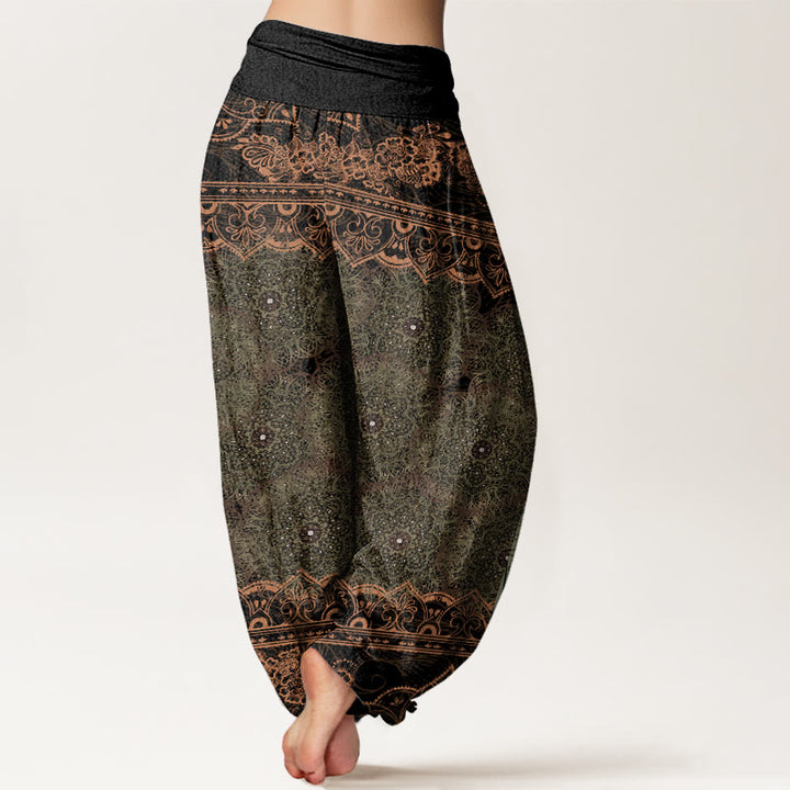 Pantalon sarouel à taille élastique pour femme avec motif de fleurs de mandala élégant et Buddha Stones