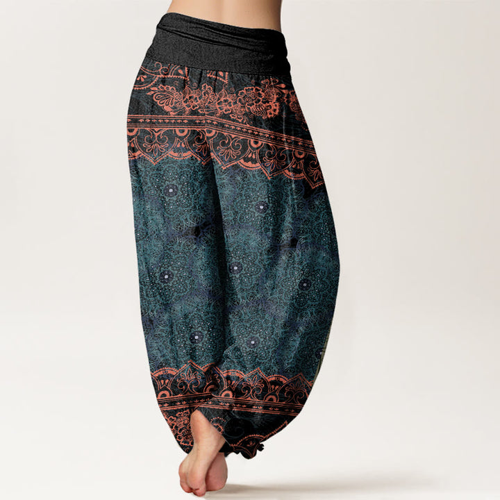 Pantalon sarouel à taille élastique pour femme avec motif de fleurs de mandala élégant et Buddha Stones