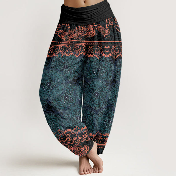 Pantalon sarouel à taille élastique pour femme avec motif de fleurs de mandala élégant et Buddha Stones