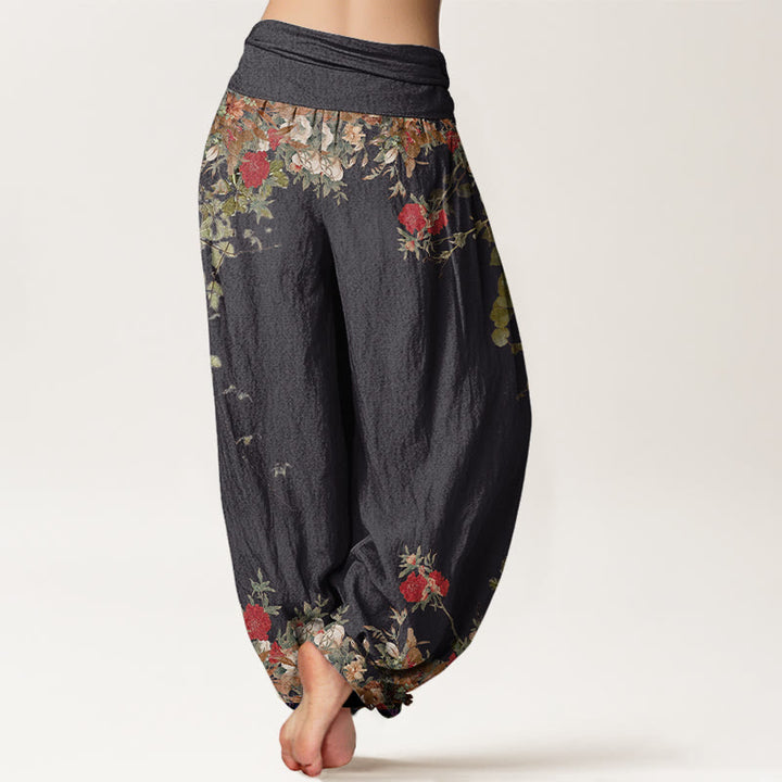 Pantalon harem à taille élastique pour femme, en coton décontracté, orné de pivoines rouges et de motifs floraux, avec Buddha Stones - image 2