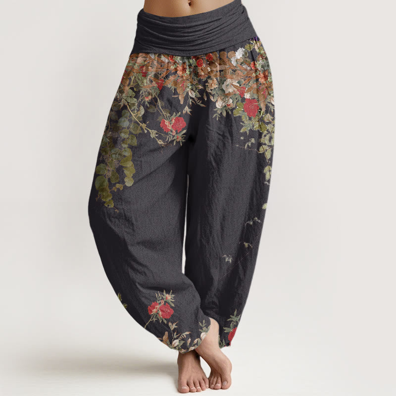 Pantalon harem à taille élastique pour femme, en coton décontracté, orné de pivoines rouges et de motifs floraux, avec Buddha Stones - Noir - US22，UK/AU26，EU54 (6XL) - image 0