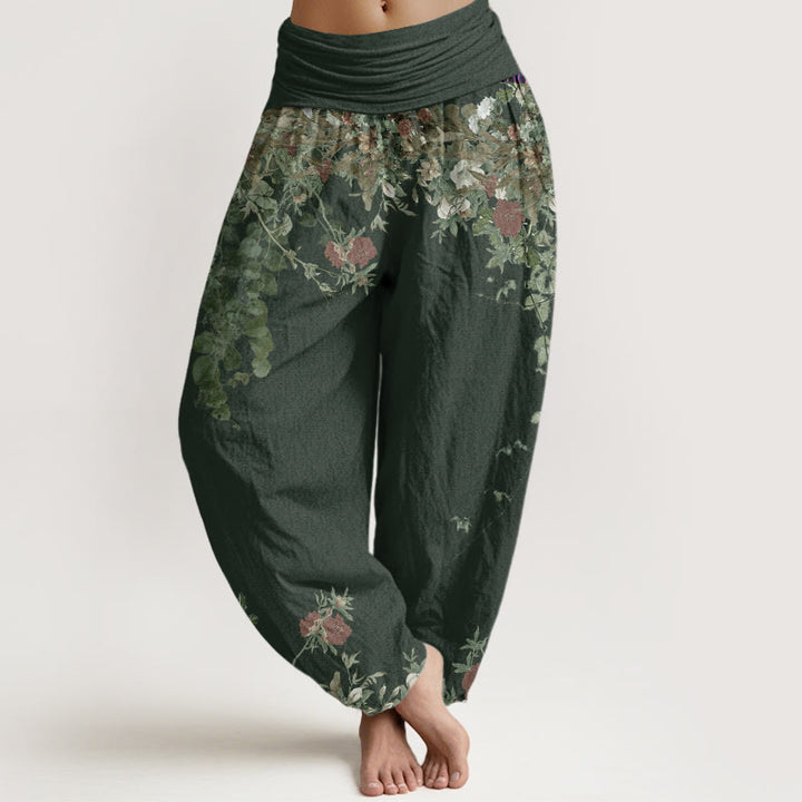 Pantalon harem à taille élastique pour femme, en coton décontracté, orné de pivoines rouges et de motifs floraux, avec Buddha Stones - Vert foncé - US22，UK/AU26，EU54 (6XL) - image 4