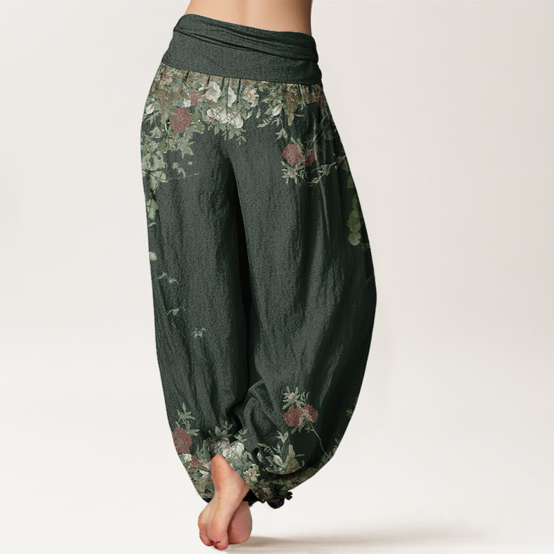 Pantalon Buddha Stones décontracté à taille élastique pour femme avec motif de pivoine rouge et vigne - image 7